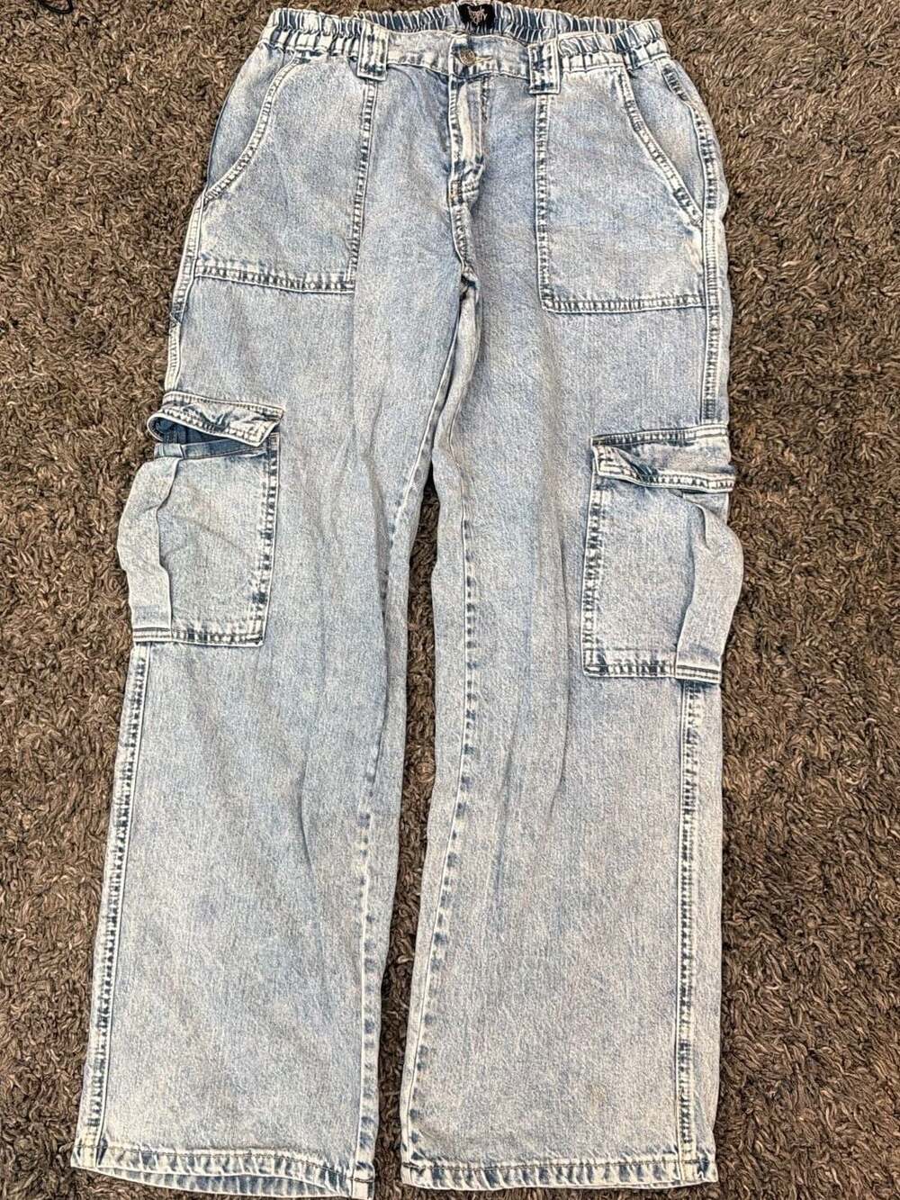 Simple Society Light Wash High Rise Elastic Waist Cargo Denim Jeans